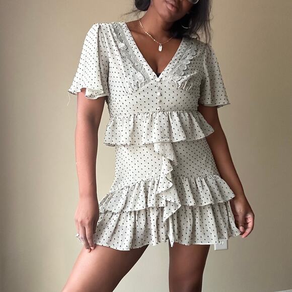 INA Dusky Blue Polka Dot Ruffle Dress Size Small - Picture 1 of 11